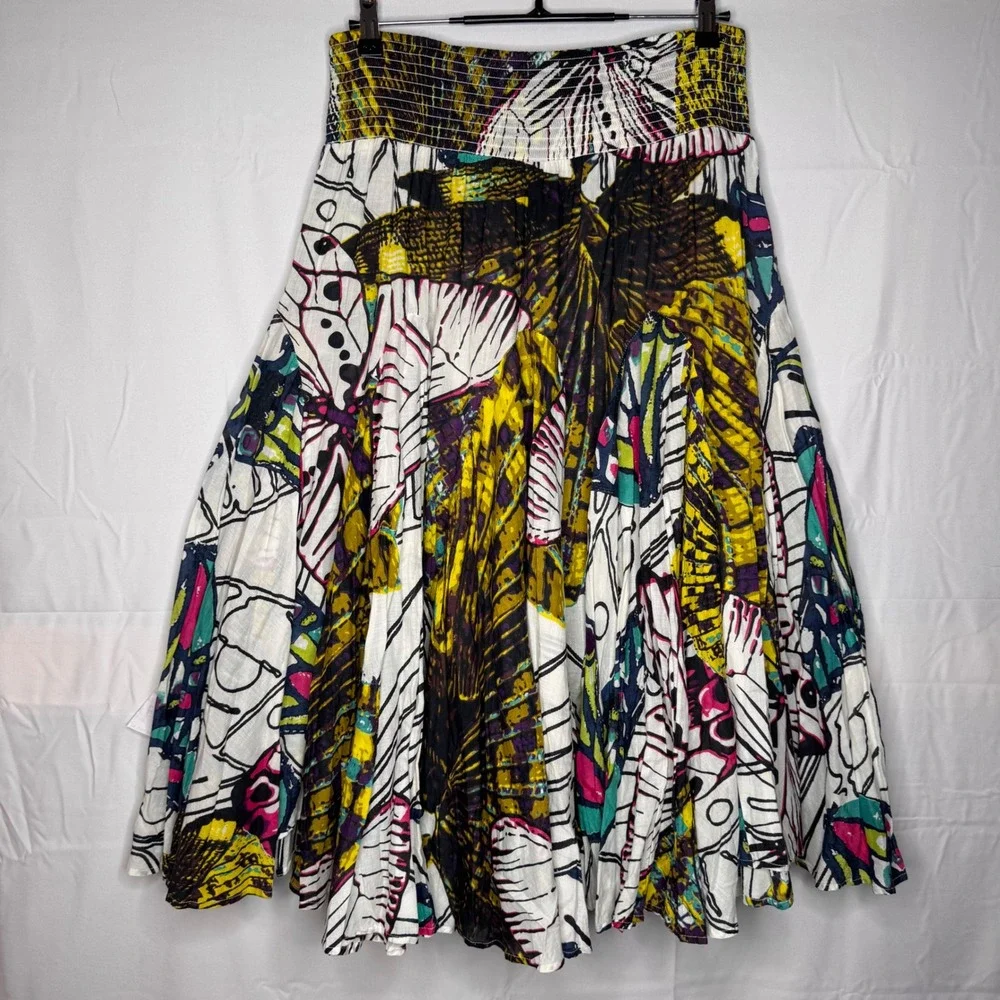 Chelsea & Theo Butterfly Wing Boho Festival Cotton Smocked Colorful Midi Skirt L